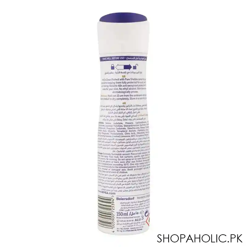 nivea clean protect anti perspirant pure alum body spray, 150ml image2