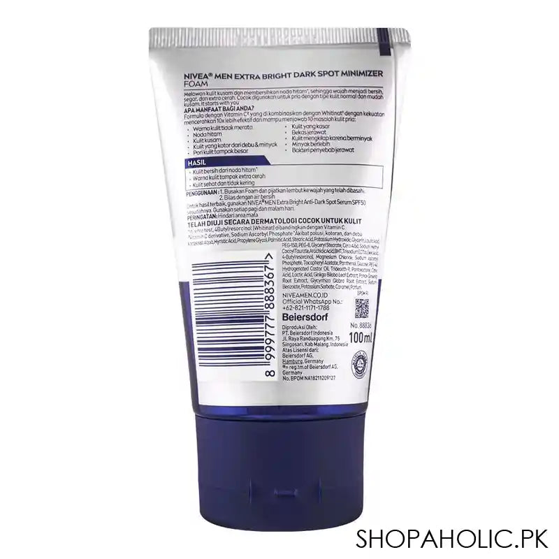 Nivea Men Extra Bright Dark Spot Minimizer Facial Foam, 100ml - Image 2