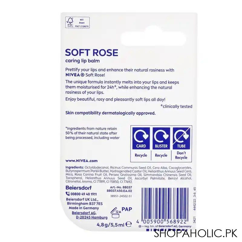 Nivea Soft Rose Long Lasting Moisture Care Lip Balm, 4.85g - Image 2