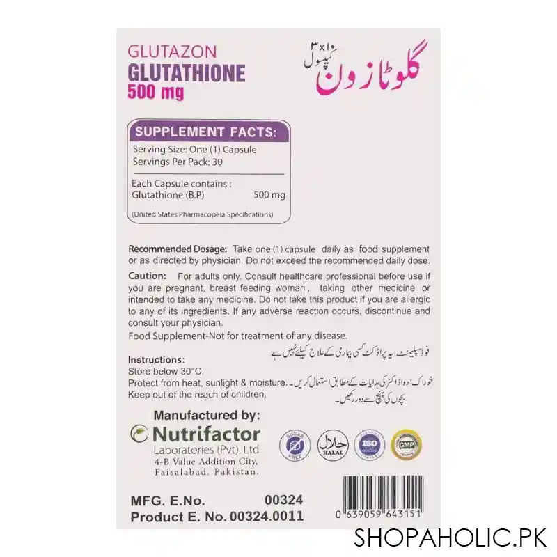 nutrifactor glutazon glutathione 500mg food supplement, 30 capsules image2