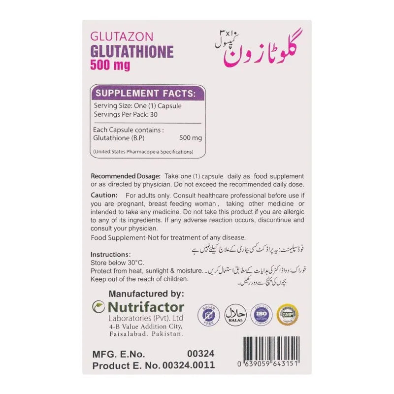 nutrifactor glutazon glutathione 500mg food supplement, 30 capsules image2