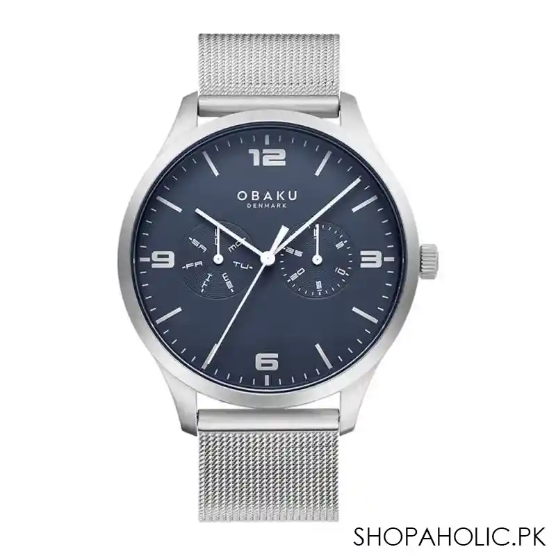 obaku men's denmark chrome round dial with navy blue background & chrome bracelet chrono main image