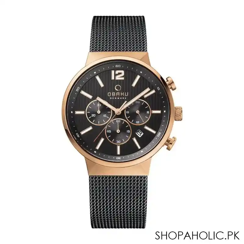 obaku men's denmark golden round dial with black bracelet chronograph watch, v180gcvbmb main image