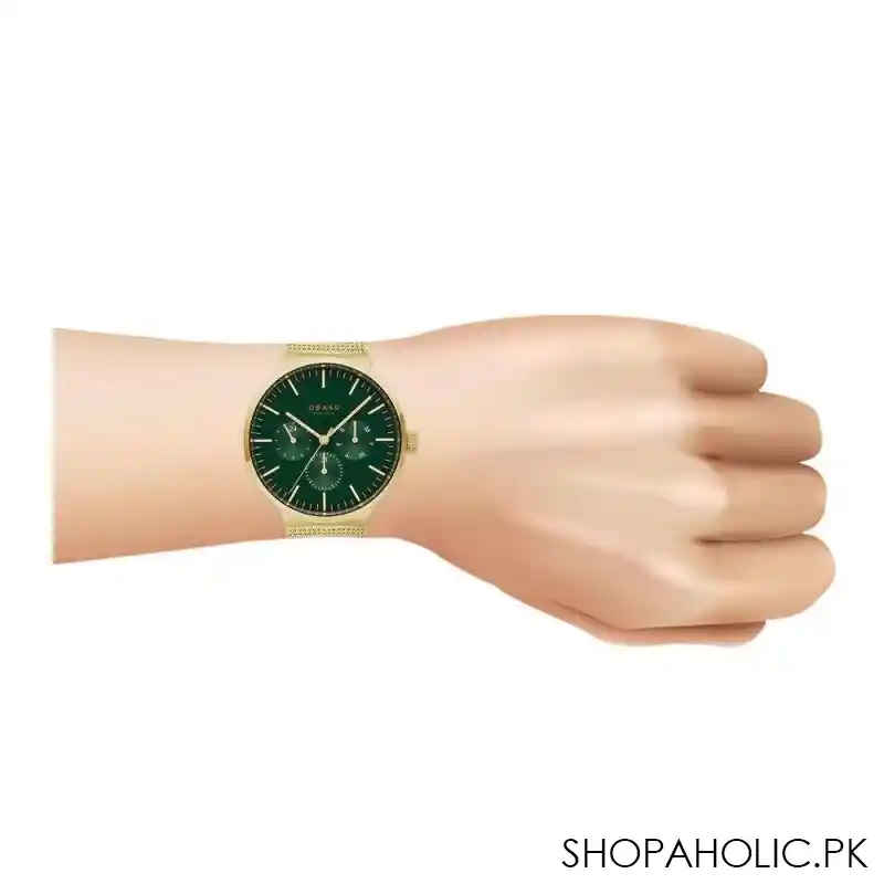 obaku men's green background with golden round dial & bracelet chronograph watch, v229ggemg image2