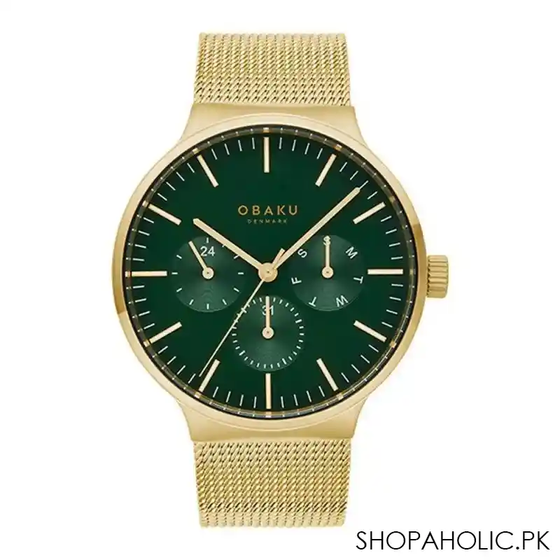 obaku men's green background with golden round dial & bracelet chronograph watch, v229ggemg main image