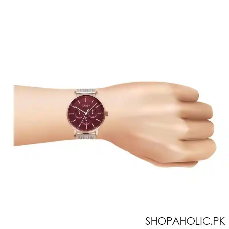 obaku men's rust gold round dial & bracelet with maroon background chronograph watch, v246gvdmv image2