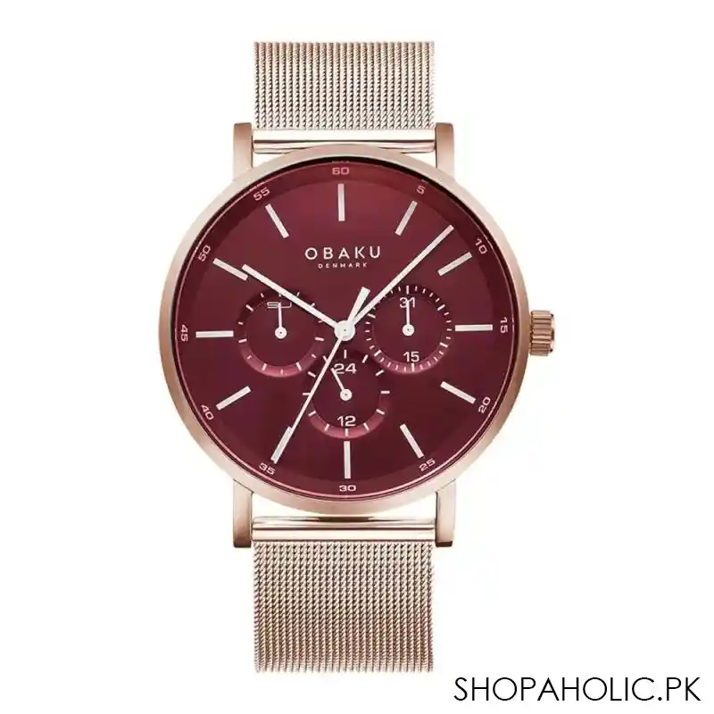 obaku men's rust gold round dial & bracelet with maroon background chronograph watch, v246gvdmv main image