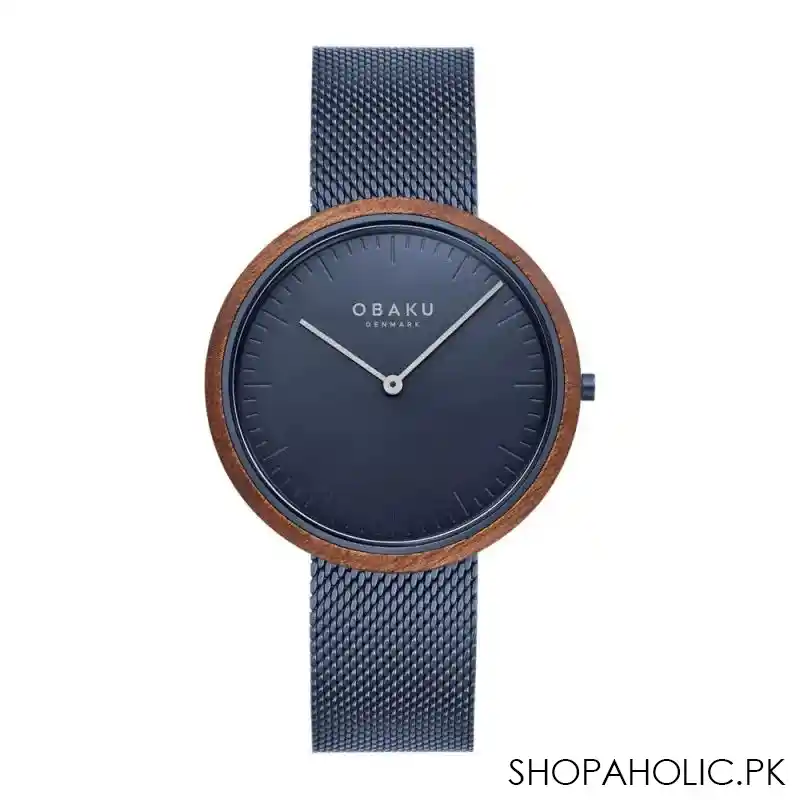 obaku men's wood brown round dial with navy blue background & bracelet analog watch, v245gxllml main image