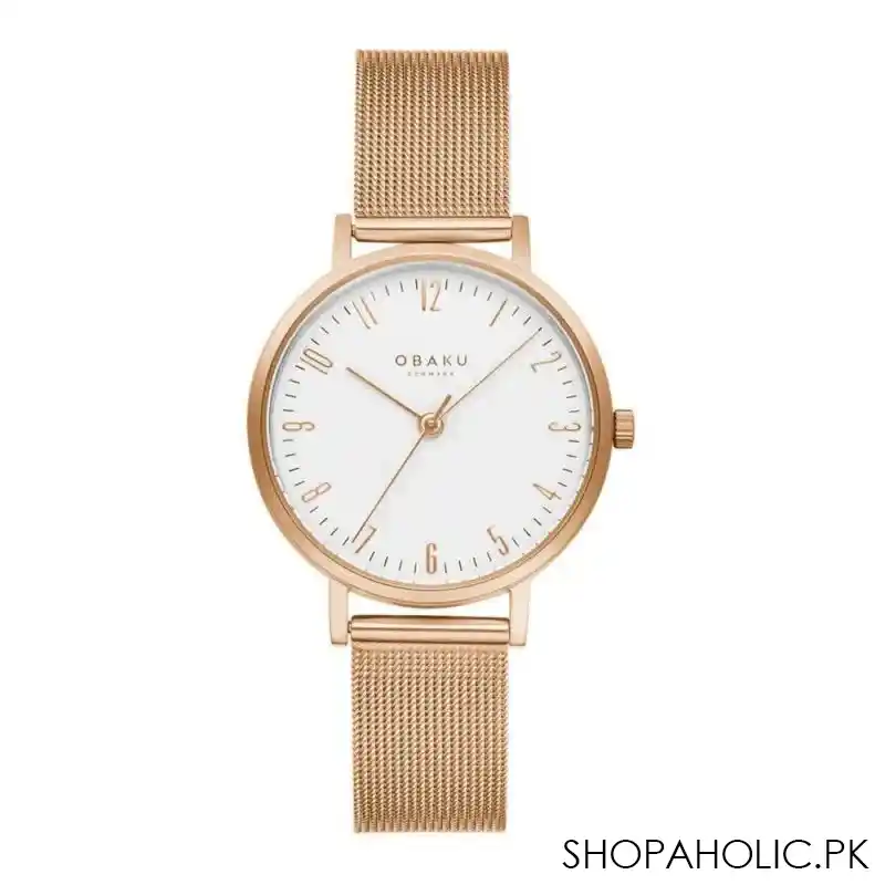 obaku women's brink lille rose white round dial with rose gold stainless steel mesh bracelet analog watch, v248lxvimv main image