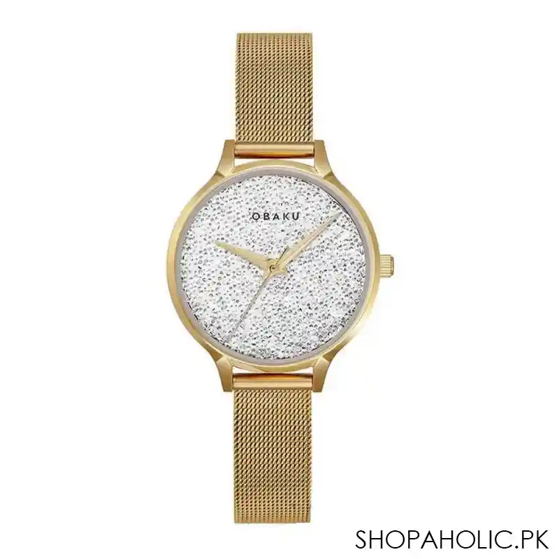 obaku women's golden round dial & bracelet analog watch, v238lxgwmg main image