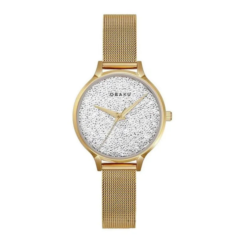 obaku women's golden round dial & bracelet analog watch, v238lxgwmg main image