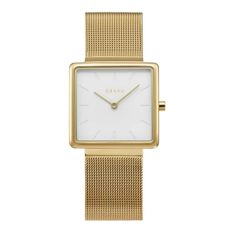 obaku women's golden square dial & bracelet analog watch, v236lxgimg main image