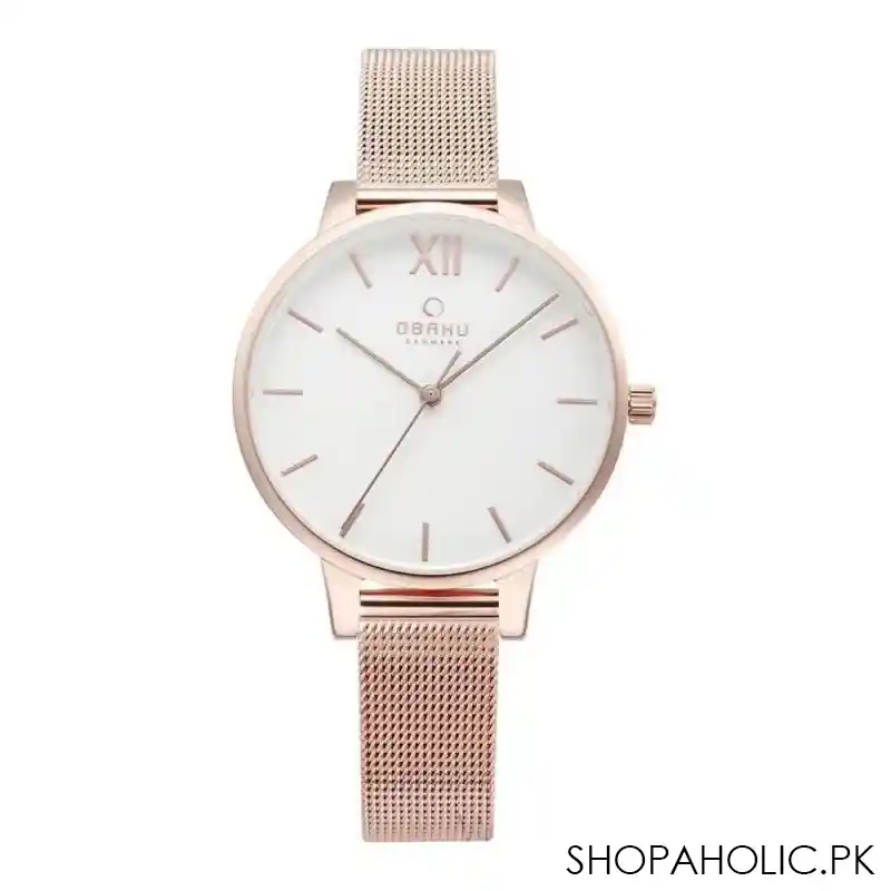 obaku women's white round dial with rose pink gold bracelet analog watch, v209lxvimv main image