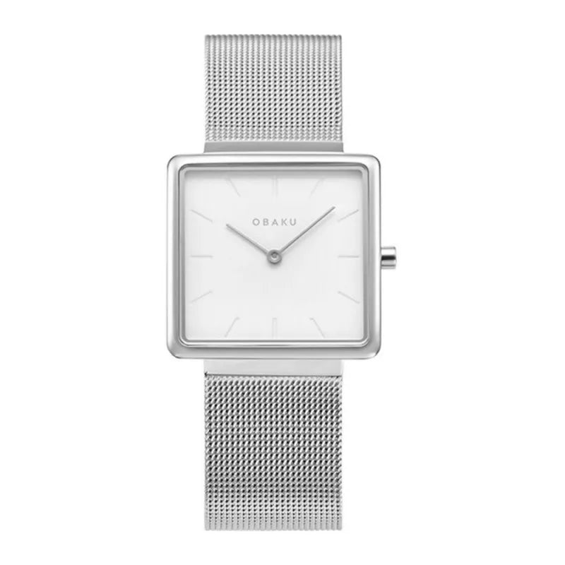 obaku women's white square dial with silver bracelet analog watch, v236lxcimc main image