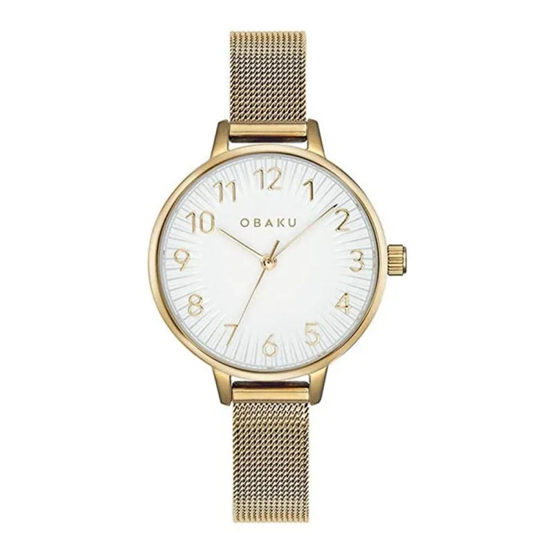 obaku women's yellow gold round dial whit bracelet analog watch, v237lxgimg main image