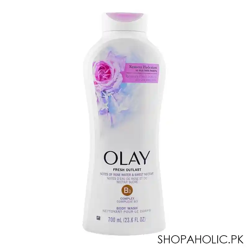 olay fresh outlast notes of rose water & sweet nectar b3 complex body wash, 700ml main image