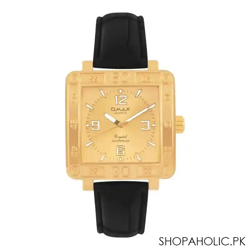 omax golden square dial with black strap analog watch, dbl067 main image