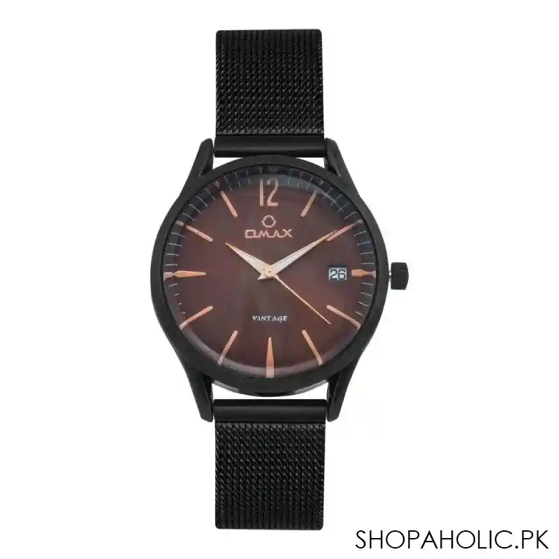 omax men's black round dial with & chain with brown background analog watch, vc06m22i main image