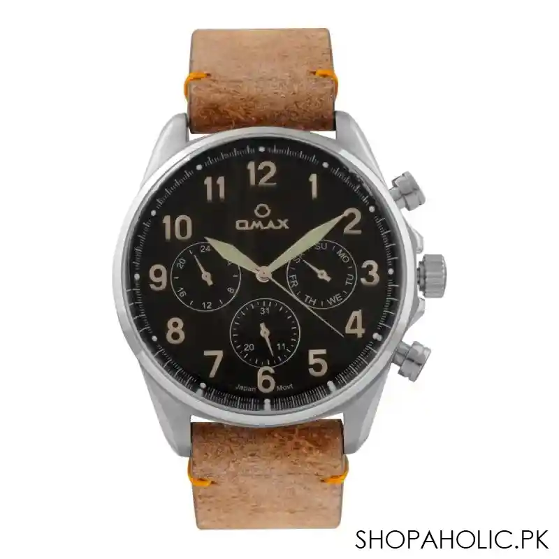 omax men's chrome round dial with black background & brown strap chronograph watch, vc04p25i b main image