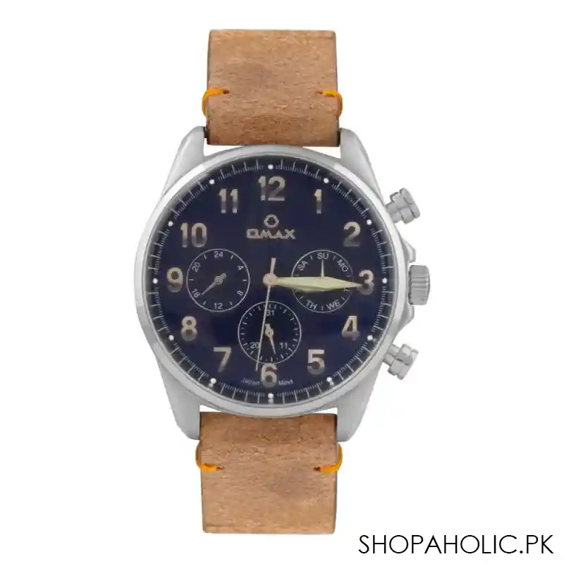 omax men's chrome round dial with navy blue background & brown strap chronograph watch, vc04p25i bl main image