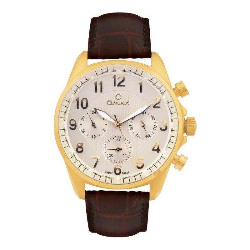 omax men's golden round dial with brown texture strap chronograph watch, vc04g35i main image