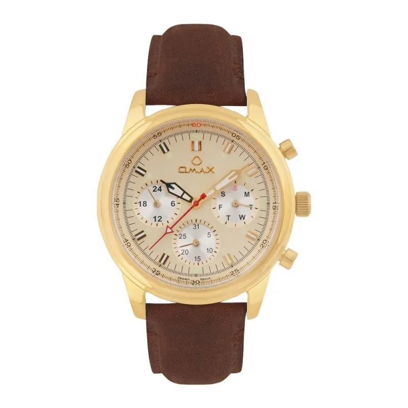 omax men's golden round dial with dark brown plain strap chronograph watch, vc02g35y main image