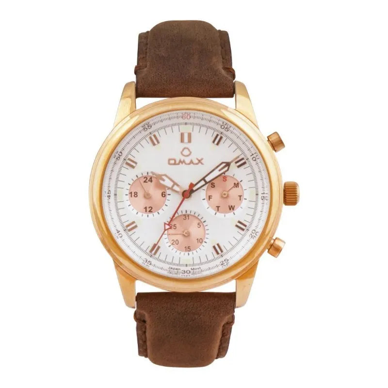 omax men's golden round dial with dark brown strap chronograph watch, vc02r35i main image