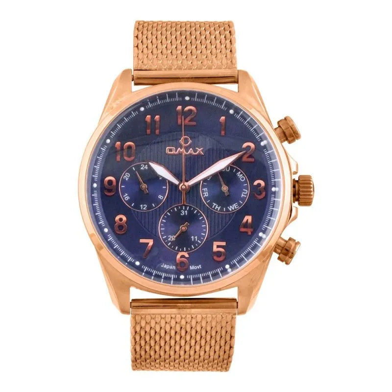 omax men's navy blue round dial with rust gold case & bracelet chronograph watch, vc05r48i main image