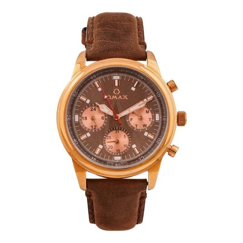 omax men's rose gold round dial with dark brown background & plain strap chronograph watch, vc02r55i main image