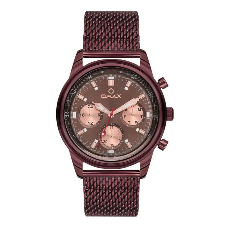 omax men's round maroon dial & bracelet chronograph watch, vc01 brown main image