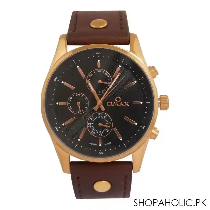 omax men's rust gold round dial with black background & dark brown strap chronograph watch, 28sm main image