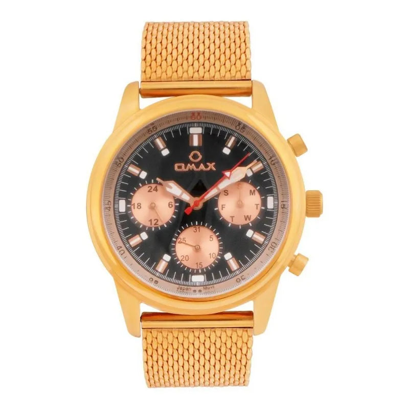 omax men's two tone round dial with black background 7 golden bracelet chronograph watch, vc01r28i main image