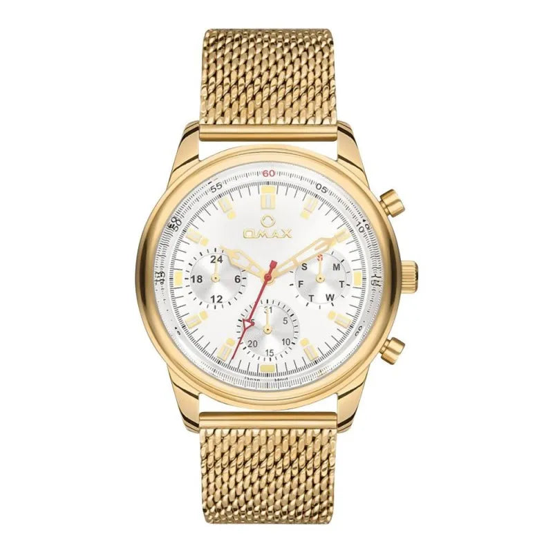 omax men's white round dial with yellow gold bracelet chronograph watch, vc01 gold main image