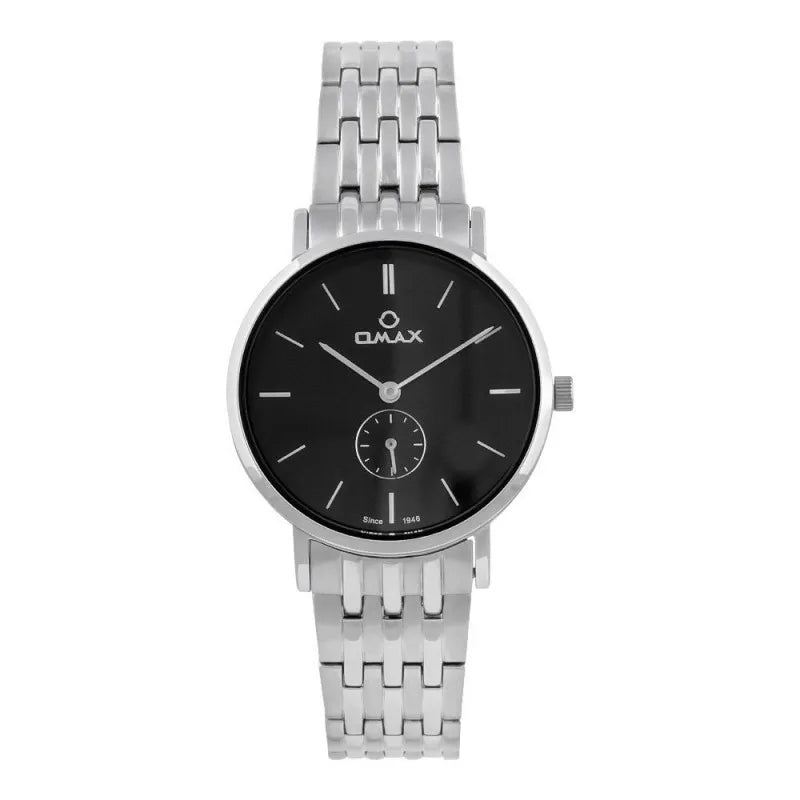 omax women's chrome round dial with black background & chrome bracelet analog watch, os0194v002 main image