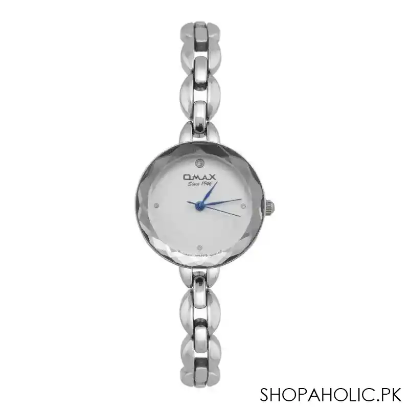 omax women's designed round dial with chrome chain analog watch, jjc004i008 main image