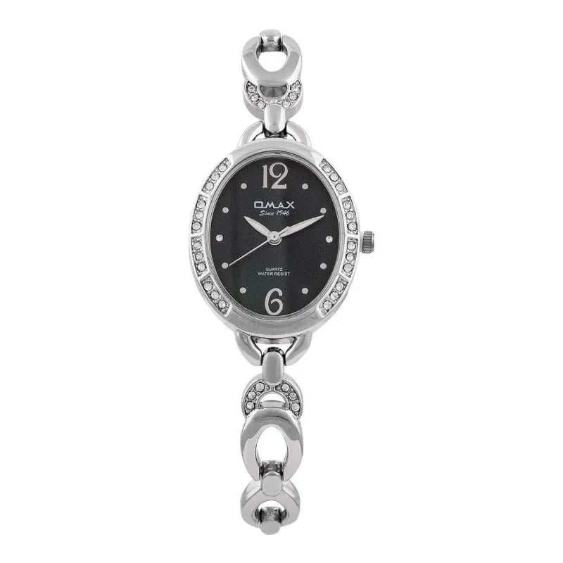 omax women's designed silver oval dial & chain analog watch, jes968p002 main image