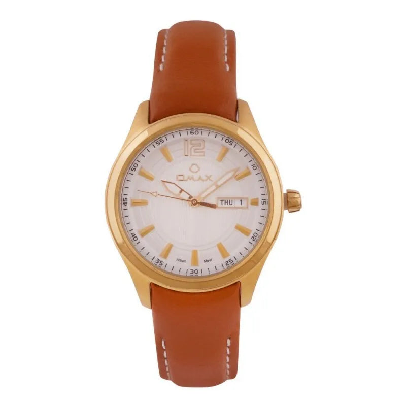 omax women's golden round dial with brown plain strap analog watch, 75smg65i main image