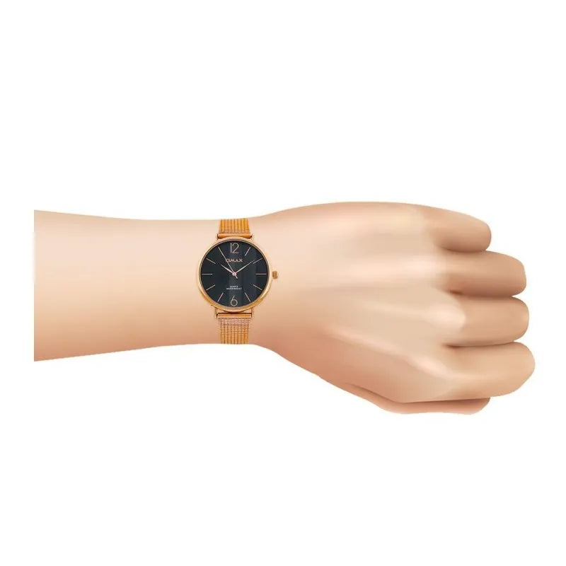 omax women's golden rust round dial with bracelet & black background analog watch, fmb0046004 image2