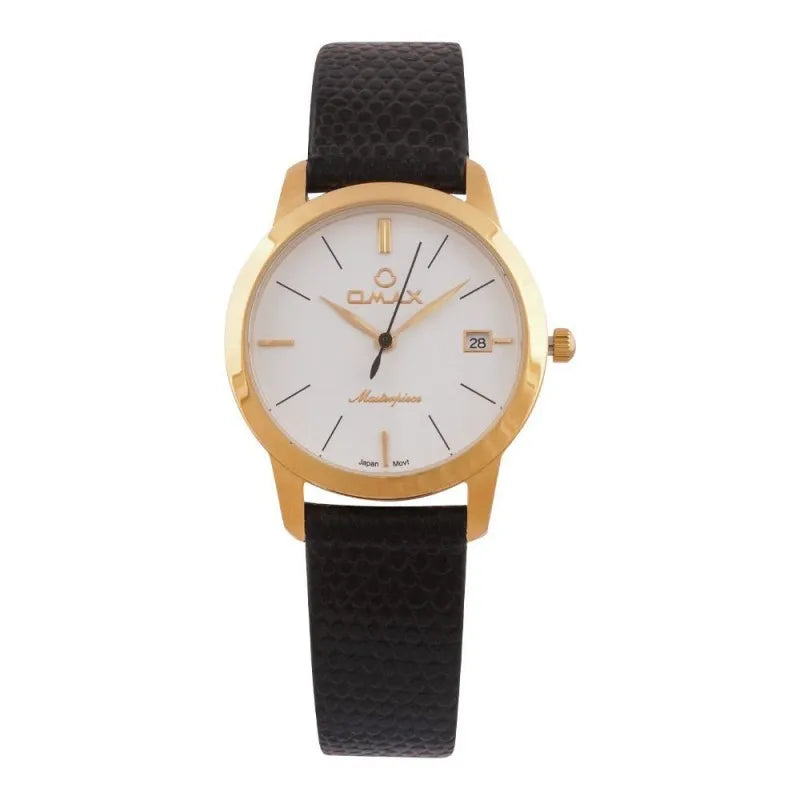 omax women's masterpiece golden round dial with white background & black plain strap analog watch, ml01 main image