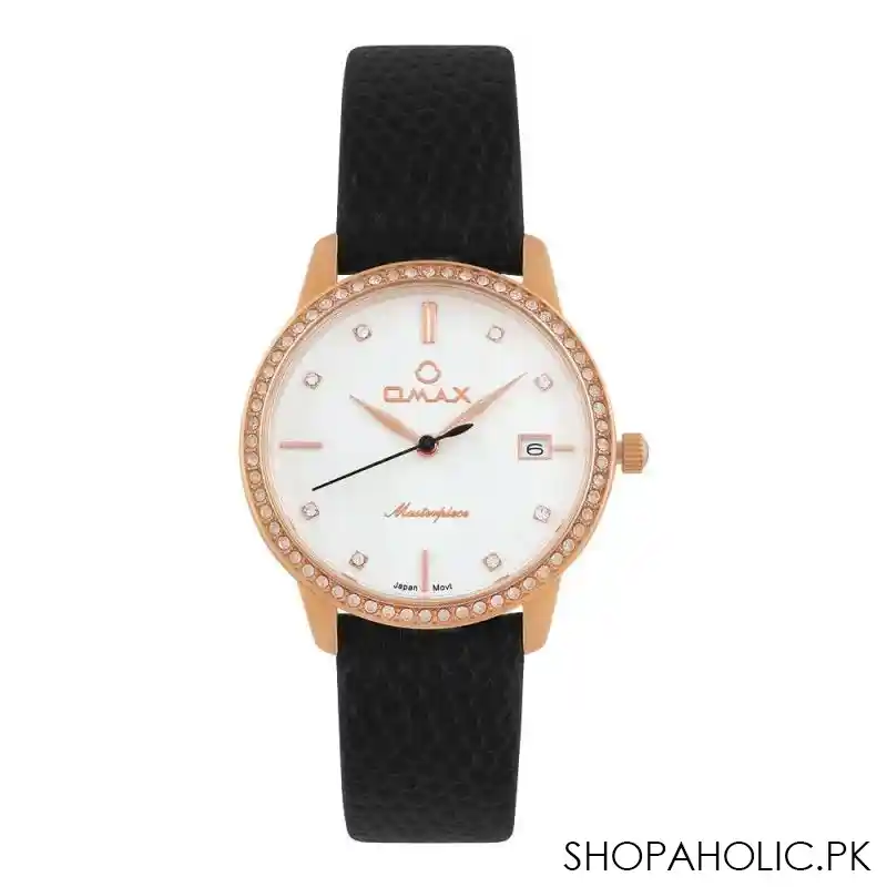 omax women's masterpiece rose gold round dial with black strap analog watch, ml03r33i main image