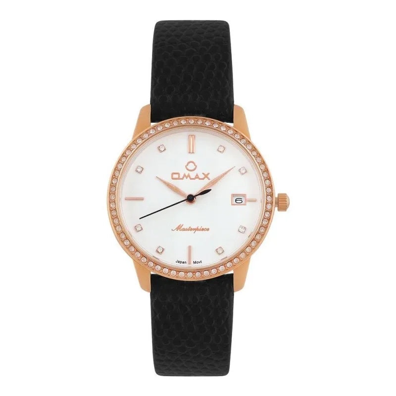 omax women's masterpiece rose gold round dial with black strap analog watch, ml03r33i main image