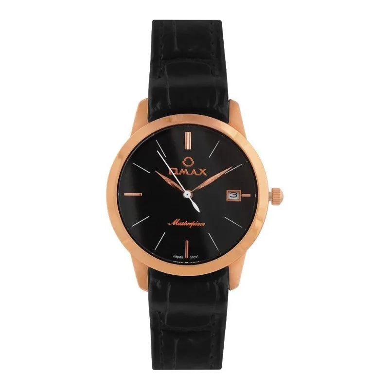 omax women's masterpiece rust gold round dial with black background & plain black strap analog watch, ml01r22i main image