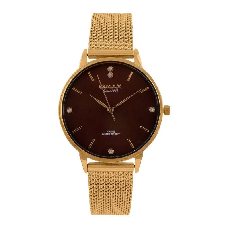 omax women's prime round dial with maroon background & golden bracelet analog watch, pmm03gc1i main image