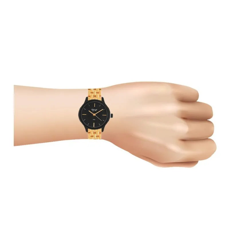 omax women's pvd black round dial with golden bracelet analog watch, fsb002bg02 image2