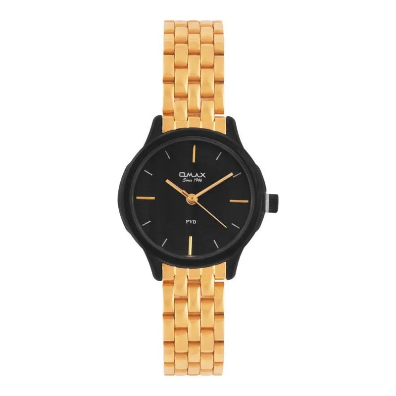 omax women's pvd black round dial with golden bracelet analog watch, fsb002bg02 main image