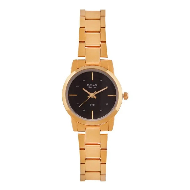 omax women's pvd golden round dial with black background & bracelet analog watch, asl002q002 main image