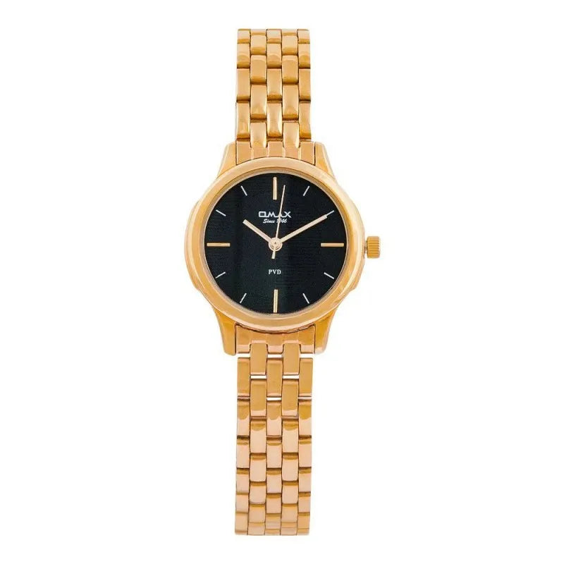 omax women's pvd golden round dial with black background & bracelet analog watch, fsb002q002 main image