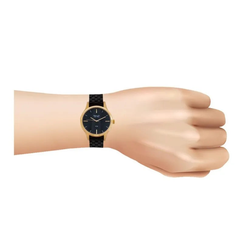 omax women's pvd golden round dial with black bracelet  analog watch, asl001qb02 image2