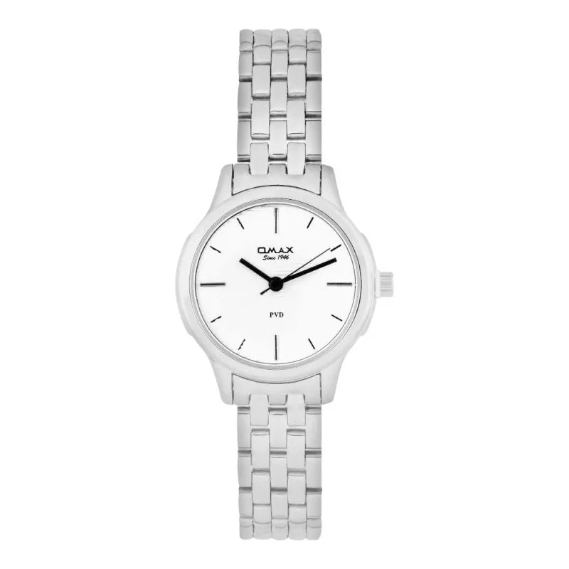 omax women's pvd white round dial & chrome bracelet analog watch, fsb002i008 main image