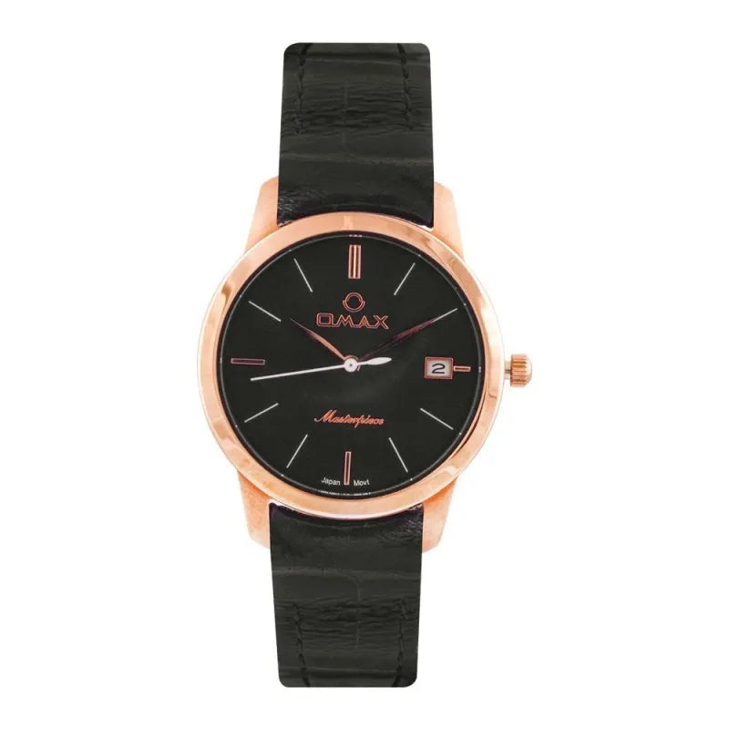 omax women's rose gold round dial with black background & plain black strap analog watch, ml01r44i main image